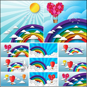 剪纸风格的彩虹云朵和热气球蚂蚁素材网矢量插图精选