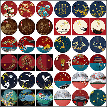 圆形中国风宫廷新中式花鸟故宫国潮高清装饰画TIF分层素材