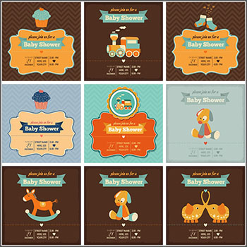 10款复古婴儿生日礼百日宴请柬邀请卡母婴店装饰插图蚂蚁素材网矢量素材精选