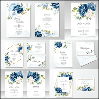 5款蓝色花卉装饰婚礼卡片邀请卡蚂蚁素材网矢量素材精选