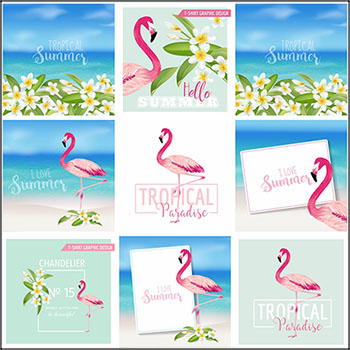 火烈鸟和热带花卉植物背景蚂蚁素材网矢量素材精选