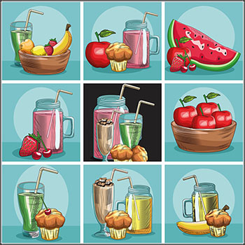 9款奶昔蛋糕和新鲜水果手绘插图蚂蚁素材网矢量素材精选