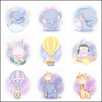 10款梦幻可爱的小象兔子长颈鹿绵羊鲸鱼卡通动物蚂蚁素材网矢量插图精选