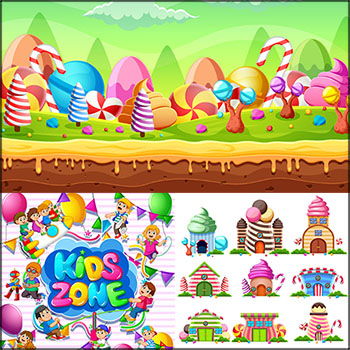 6套卡通玩耍学习的儿童和糖果小屋蚂蚁素材网矢量背景精选插图