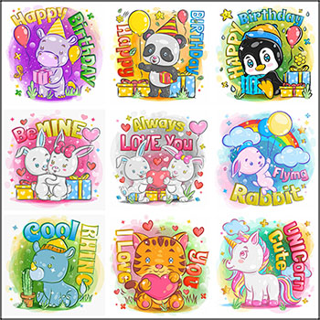 19款可爱卡通独角兽熊猫兔子小猪恐龙和猫矢量插画