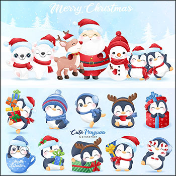 8套圣诞节可爱圣诞老人企鹅和雪人矢量插画