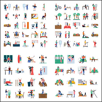 6套人物日常生活工作运动卫生打扫扁平化插图蚂蚁素材网矢量素材精选