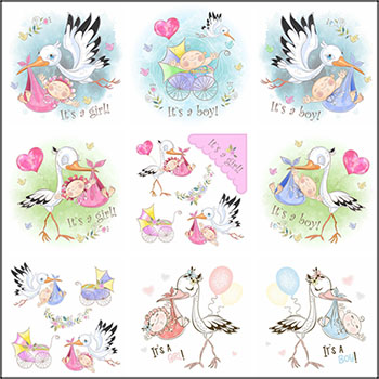 9款叼着婴儿飞翔的鸟卡通插画蚂蚁素材网矢量素材精选