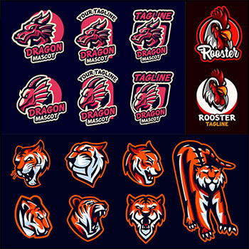 6套卡通动物老虎 马 狮子 公鸡 龙企业徽标LOGO图标蚂蚁素材网矢量素材精选