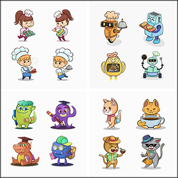 12款卡通厨师送餐机器人拟人化动物矢量插画