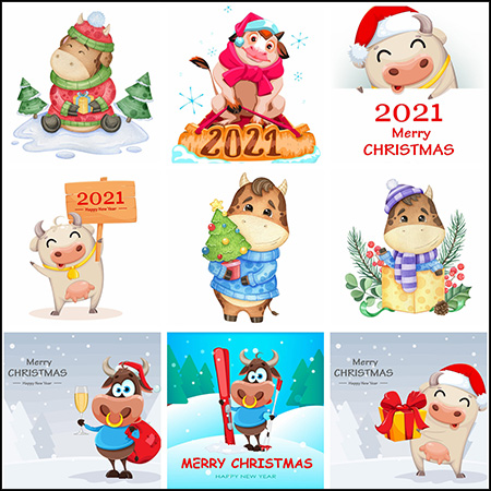 12款2021牛年圣诞节新年元旦卡通牛矢量插画