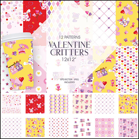 情人节可爱卡通小动物数字贴纸背景AI蚂蚁素材网矢量素材精选