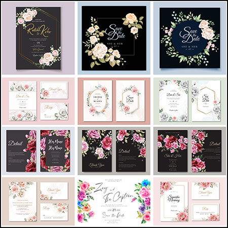 41款水彩花卉装饰婚礼邀请函请柬邀请卡蚂蚁素材网矢量素材精选
