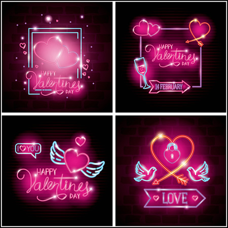 6款情人节快乐霓虹灯爱情插图蚂蚁素材网矢量素材精选