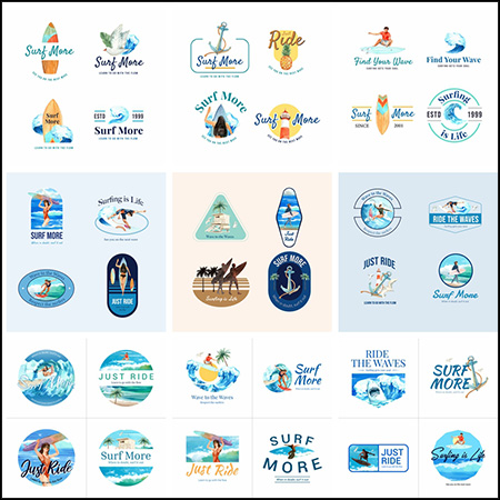 36款海滩旅游渡假冲浪运动冲浪设备出售LOGO标志蚂蚁素材网矢量图标精选