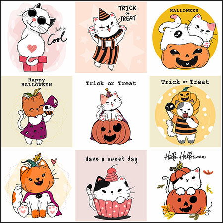 9款可爱小猫咪万圣节装扮蚂蚁素材网矢量插图精选