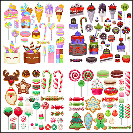 4套圣诞节糖果蛋糕面包甜品蚂蚁素材网矢量插图精选