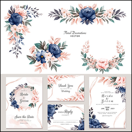 8套花环花卉装饰婚礼邀请卡名片卡片蚂蚁素材网矢量素材精选