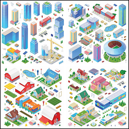 4套高楼大厦工厂公寓建筑2.5D等距插图