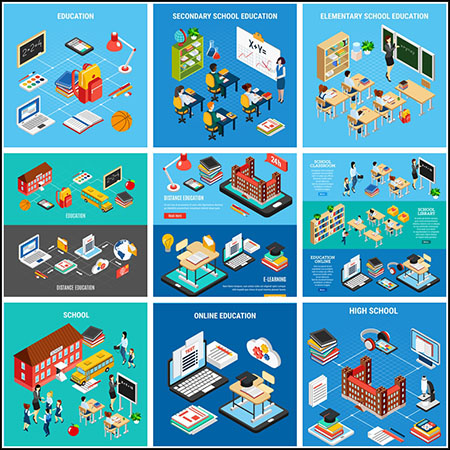 7套学校学习教育培训2.5D等距插图