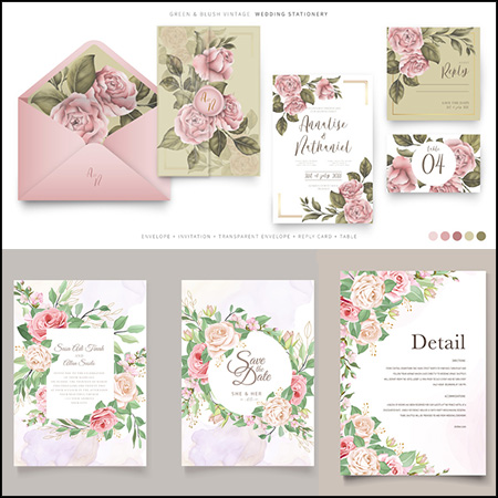 6套玫瑰花卉装饰婚礼邀请函邀请卡蚂蚁素材网矢量素材精选