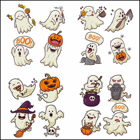 4套可爱的万圣节幽灵蚂蚁素材网矢量插图精选