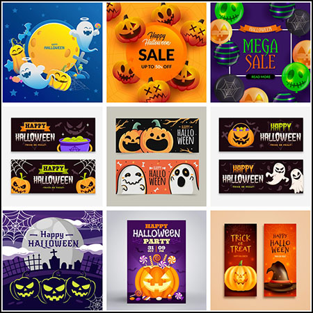 12款万圣节可爱南瓜怪和幽灵装饰海报横幅蚂蚁素材网矢量素材精选