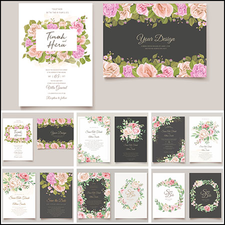 7套玫瑰花卉装饰婚礼邀请函背景蚂蚁素材网矢量素材精选