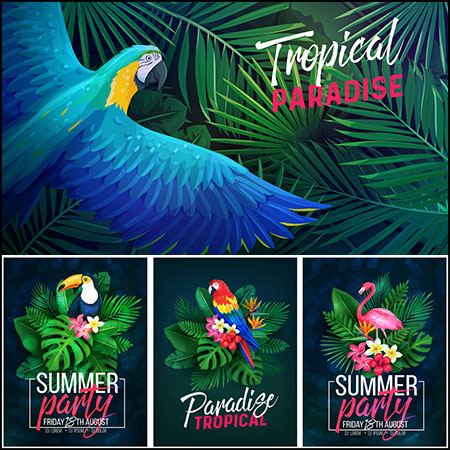 8款夏季热带绿色植物背景海报插图蚂蚁素材网矢量素材精选