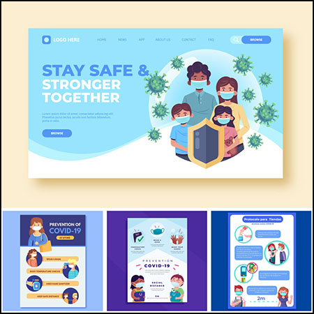 8款COVID-19新型冠状病毒预防居家防疫海报横幅