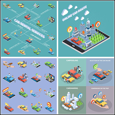 6套卡通汽车和手机端停车场APP系统2.5D等距插图