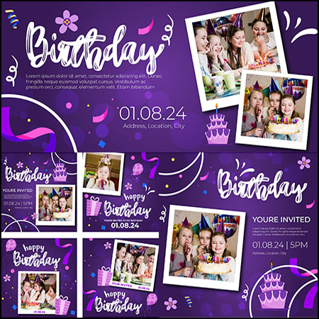 5款紫色风格生日快乐横幅海报蚂蚁素材网矢量模板精选
