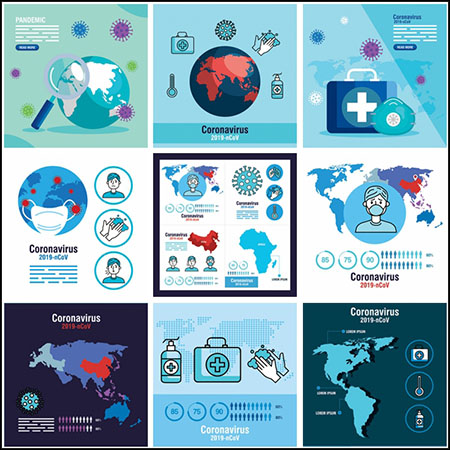 9款2019新冠病毒预防检测和数据信息图表蚂蚁素材网矢量插图精选