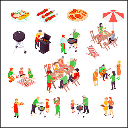 6套户外烧烤BBQ材料2.5D等距插图蚂蚁素材网矢量素材精选