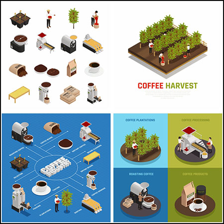 5套咖啡用品咖啡种植生产场景2.5D等距插图