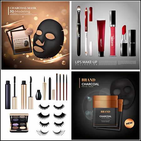 7套女性化妆用品眉笔假睫毛面膜口红等蚂蚁素材网矢量插图精选