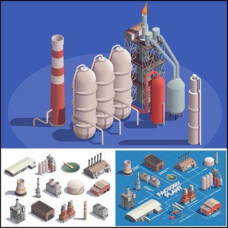 7套工业工厂厂房2.5D等距插图蚂蚁素材网矢量素材精选