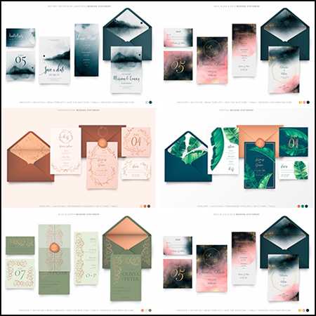 5套水墨复古欧式花纹绿色植物邀请函套装蚂蚁素材网矢量模板精选