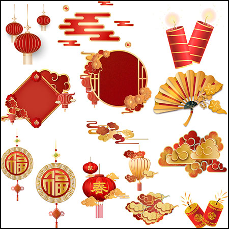 中国风春节喜庆鞭炮灯笼喜庆祥云插画PNG免抠图AI素材