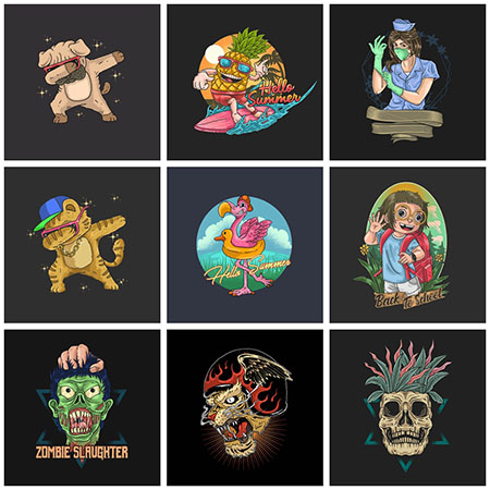 9款拟人化动物骷髅印染图案插图蚂蚁素材网矢量素材精选