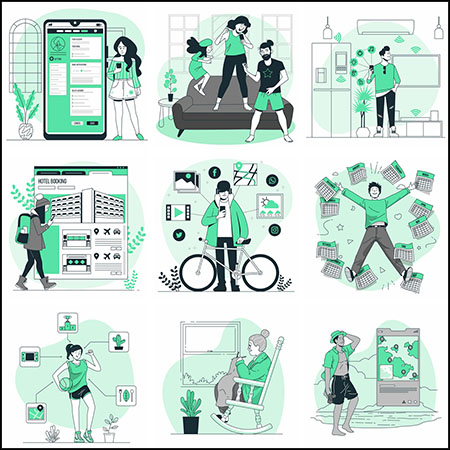 17款绿色风格日常生活购物逛街平面插图蚂蚁素材网矢量素材精选