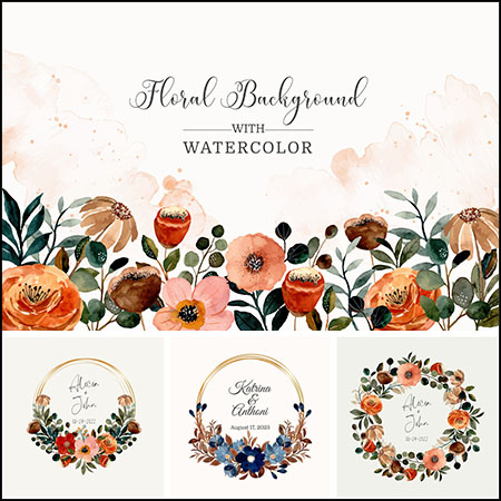 8套水彩花卉花环和婚礼邀请函邀请卡蚂蚁素材网矢量素材精选