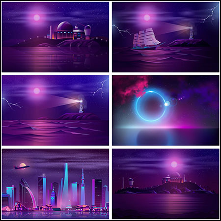 9款现代城市夜晚海边灯塔景观背景蚂蚁素材网矢量素材精选