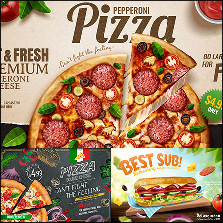 3款披萨热狗快餐美食海报蚂蚁素材网矢量模板精选