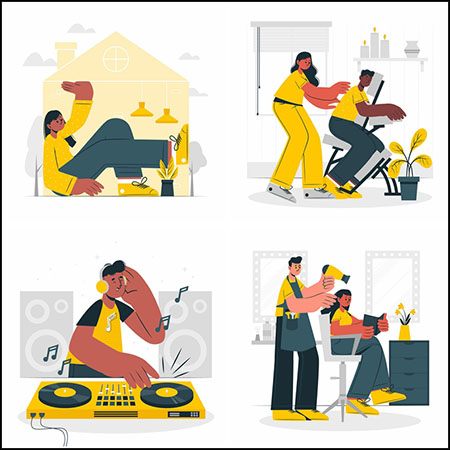 10款人物日常生活理发、宠物、打碟、健身、玩音乐矢量平面插图