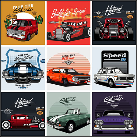 9款复古品牌汽车插图蚂蚁素材网矢量素材精选