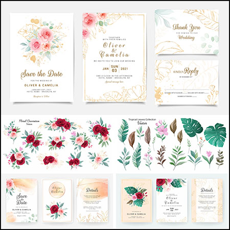 8套水彩花卉插图和婚礼邀请卡蚂蚁素材网矢量素材精选
