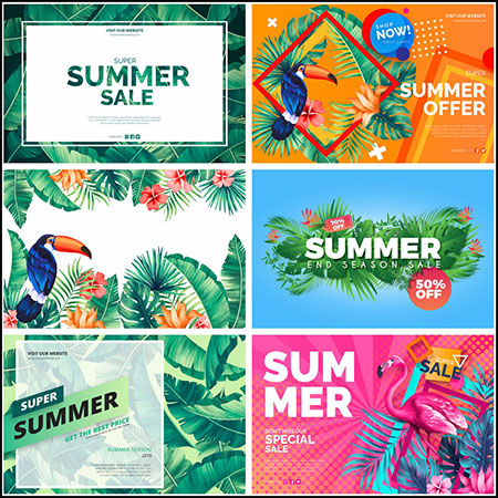 8款夏季热带植物动物促销海报横幅背景蚂蚁素材网矢量素材精选