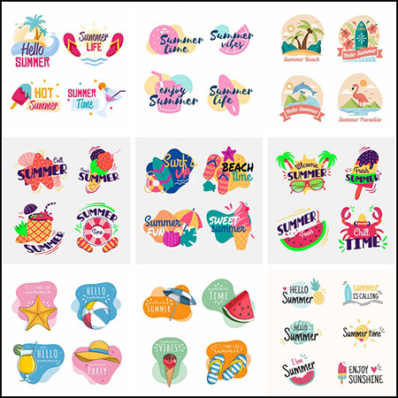 12套你好夏天夏季海边渡假冲浪元素贴纸标签蚂蚁素材网矢量素材精选