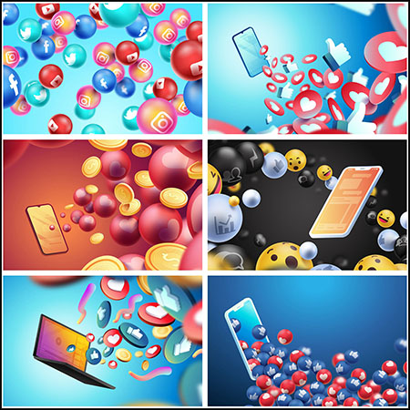 8款创意网络社交媒体3D元素蚂蚁素材网矢量背景精选